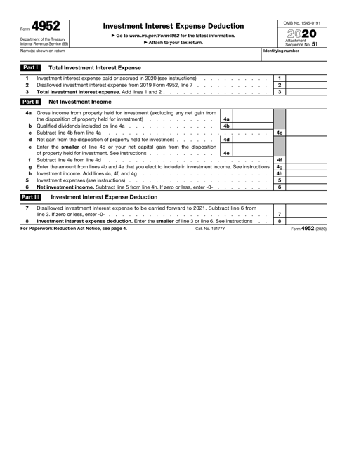 IRS Form 4952 2020 Printable Pdf