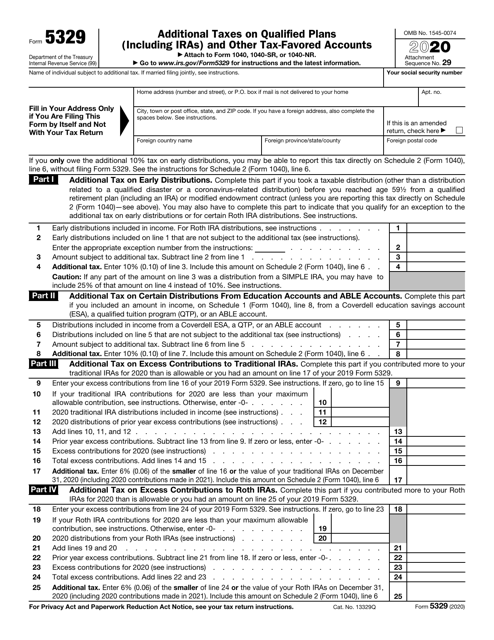 IRS Form 5329 2020 Printable Pdf