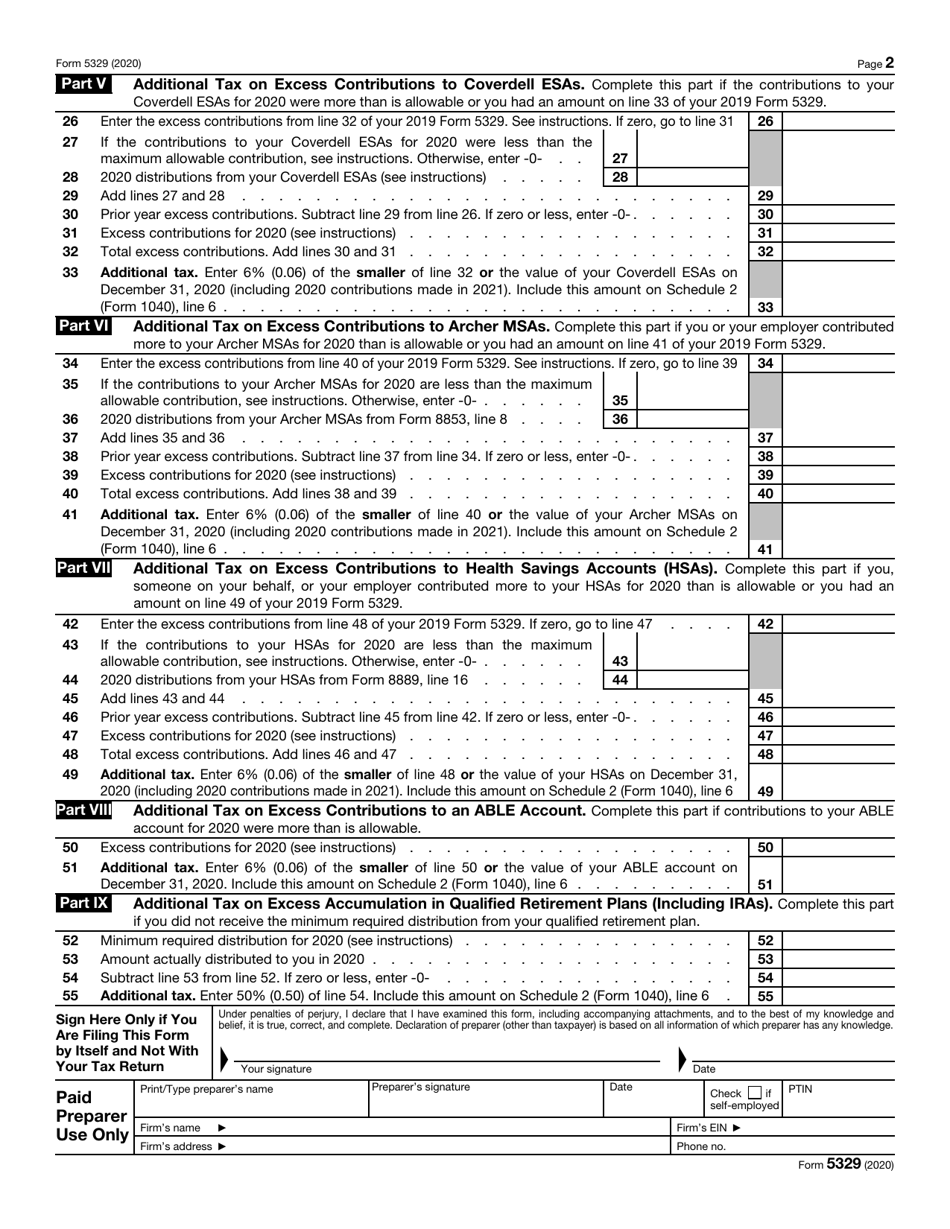 IRS Form 5329 Additional Taxes on Qualified Plans (Including IRAs) and Other Tax-Favored Accounts, Page 2