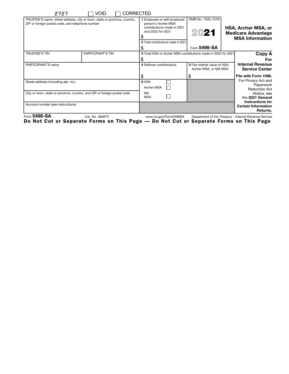 IRS Form 5498-SA Hsa, Archer Msa, or Medicare Advantage Msa Information, Page 1