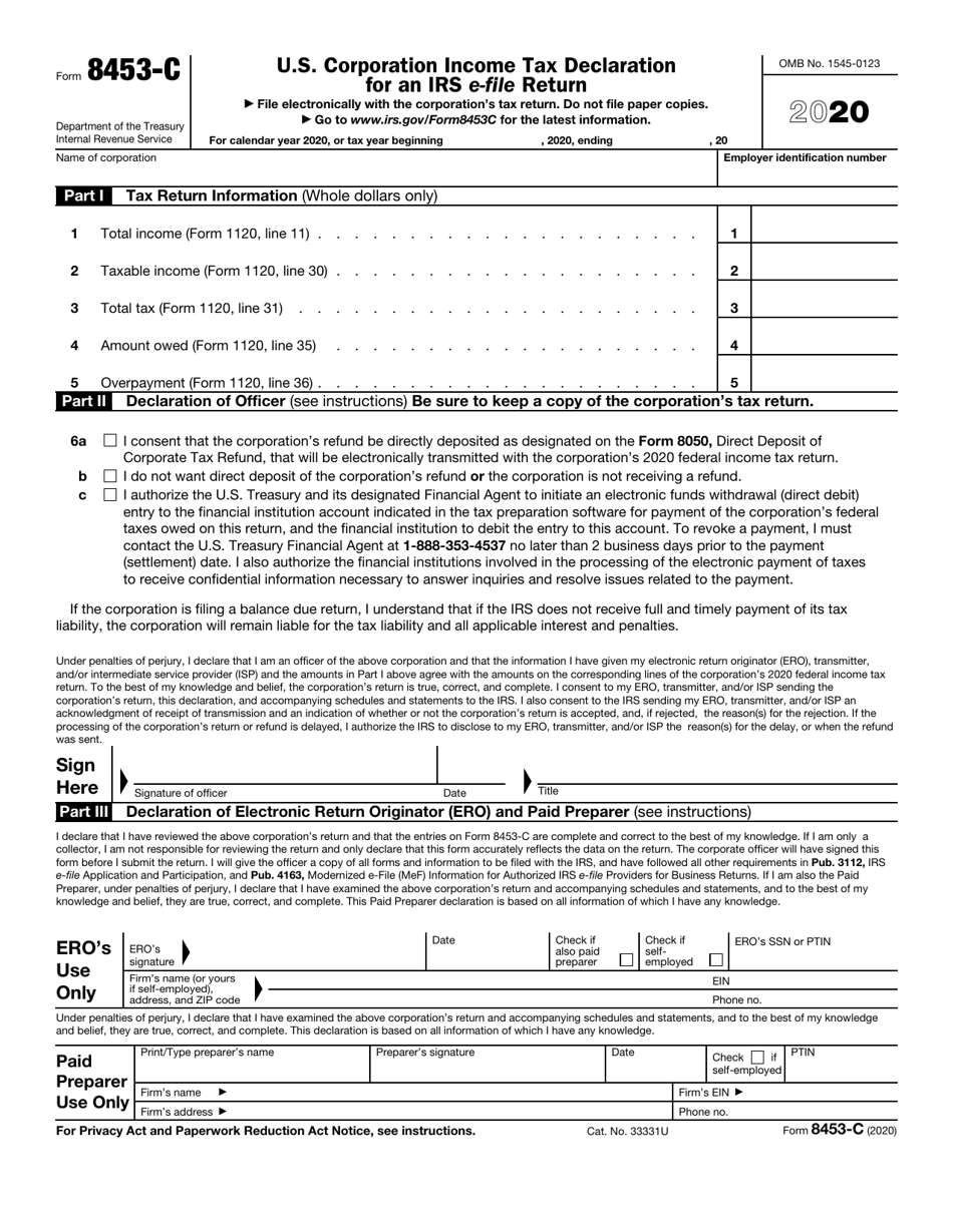 IRS Form 8453-C U.S. Corporation Income Tax Declaration for an IRS E-File Return, Page 1