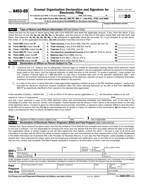 IRS Form 8453-EO Exempt Organization Declaration and Signature for Electronic Filing, 2020