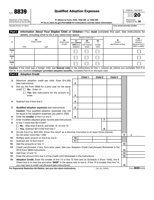 IRS Form 8839 2020 Printable Pdf