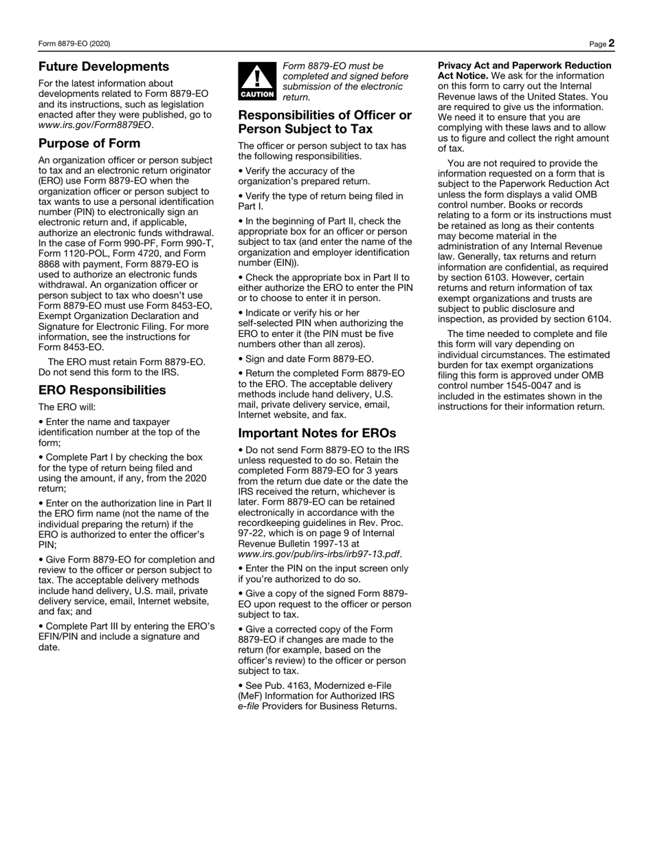 IRS Form 8879-E0 IRS E-File Signature Authorization for an Exempt Organization, Page 2