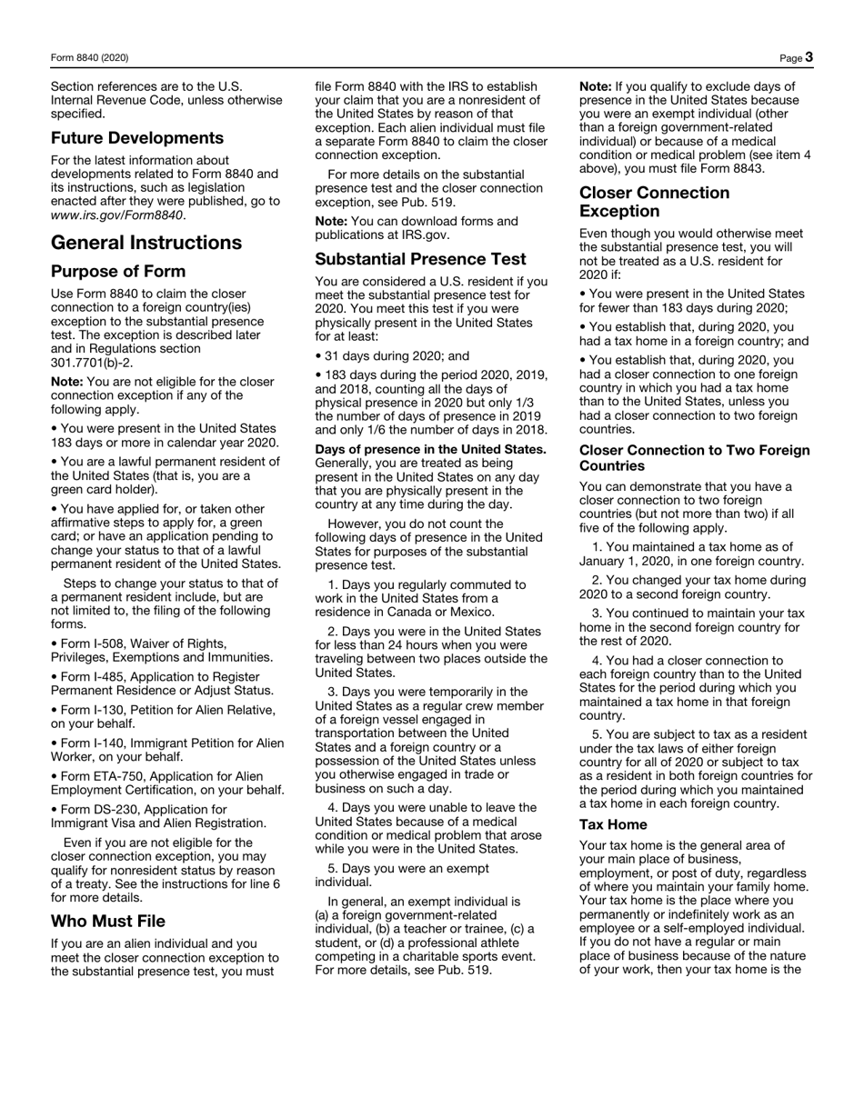 IRS Form 8840 Closer Connection Exception Statement for Aliens, Page 3