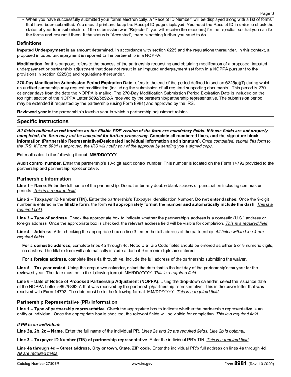 IRS Form 8981 Waiver of the Period Under IRC Section 6231(B)(2)(A) and Expiration of the Period for Modification Submissions Under IRC Section 6225(C)(7), Page 3