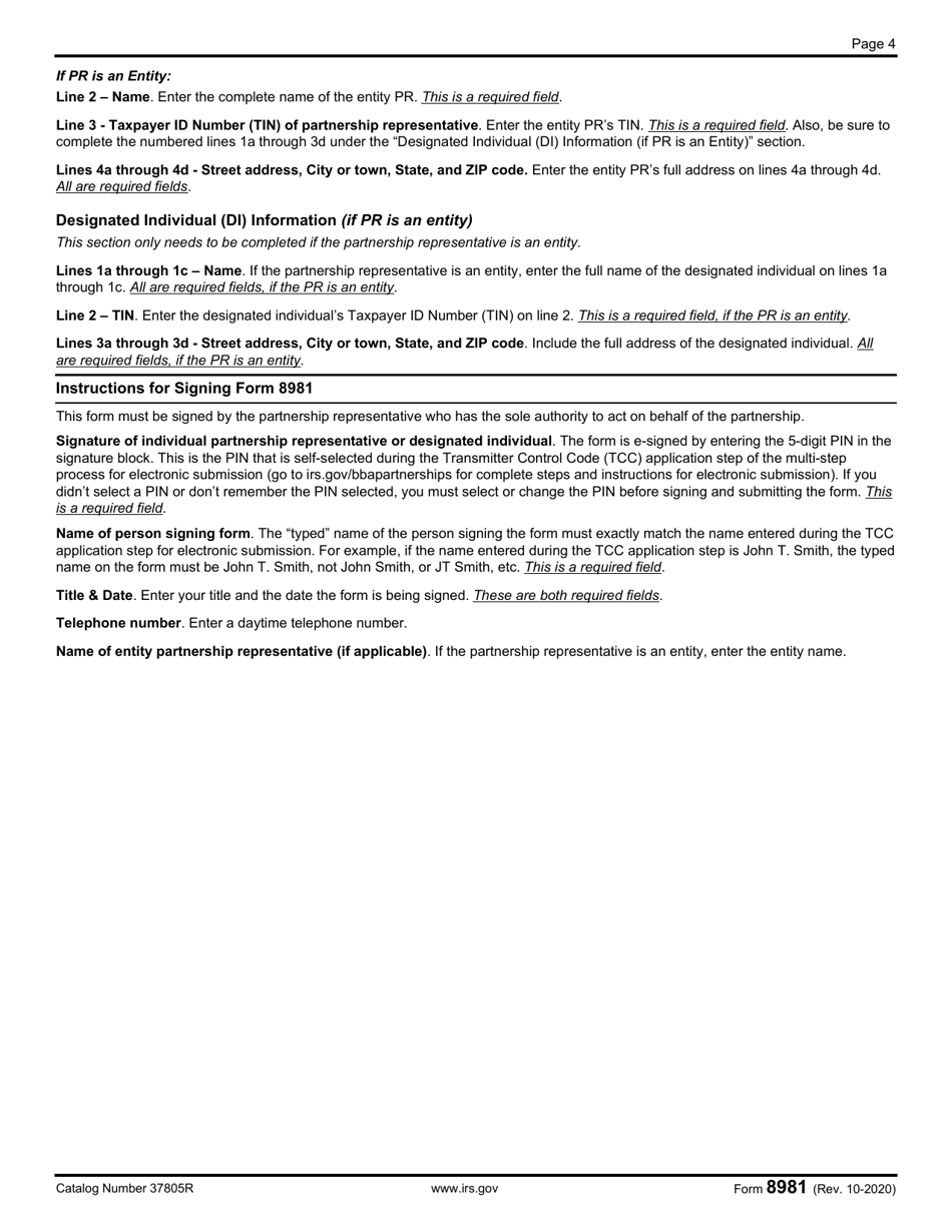 IRS Form 8981 Waiver of the Period Under IRC Section 6231(B)(2)(A) and Expiration of the Period for Modification Submissions Under IRC Section 6225(C)(7), Page 4