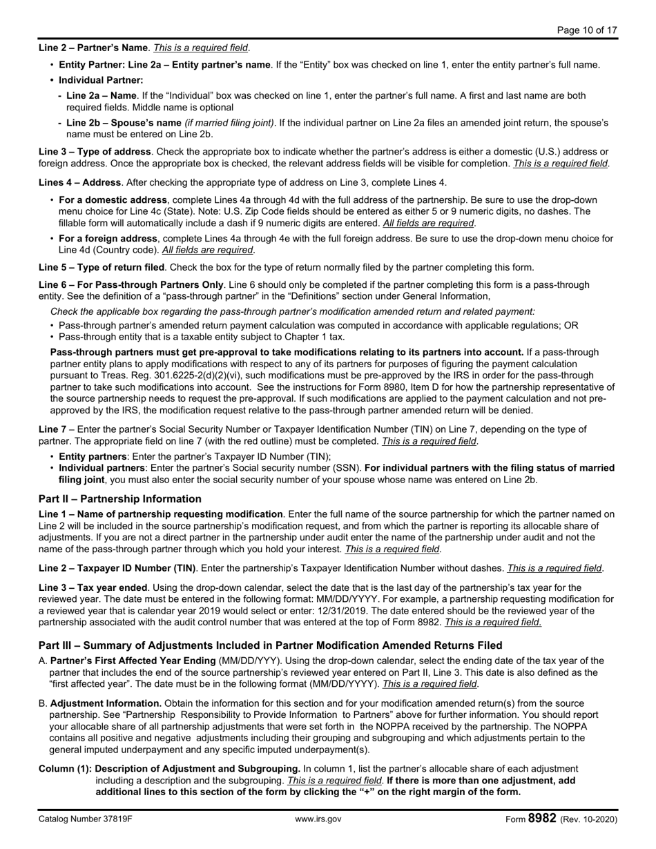 IRS Form 8982 Affidavit for Partner Modification Amended Return Under IRC Section 6225(C)(2)(A) or Partner Alternative Procedure Under IRC Section 6225(C)(2)(B), Page 10