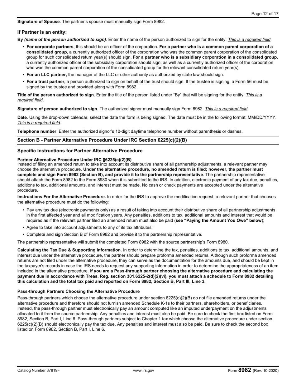 IRS Form 8982 Affidavit for Partner Modification Amended Return Under IRC Section 6225(C)(2)(A) or Partner Alternative Procedure Under IRC Section 6225(C)(2)(B), Page 12