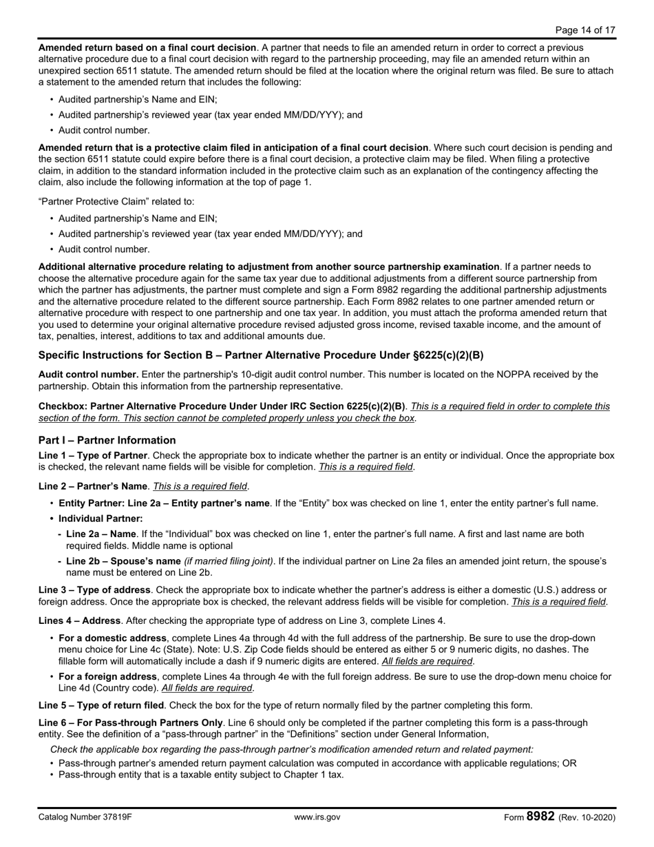 IRS Form 8982 Affidavit for Partner Modification Amended Return Under IRC Section 6225(C)(2)(A) or Partner Alternative Procedure Under IRC Section 6225(C)(2)(B), Page 14