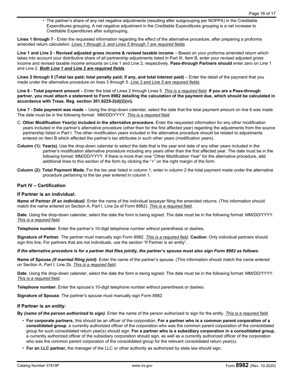IRS Form 8982 Affidavit for Partner Modification Amended Return Under IRC Section 6225(C)(2)(A) or Partner Alternative Procedure Under IRC Section 6225(C)(2)(B), Page 16