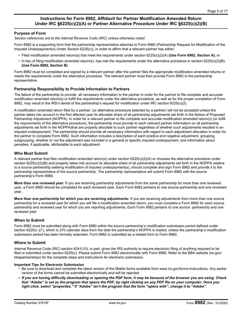 IRS Form 8982 Affidavit for Partner Modification Amended Return Under IRC Section 6225(C)(2)(A) or Partner Alternative Procedure Under IRC Section 6225(C)(2)(B), Page 5