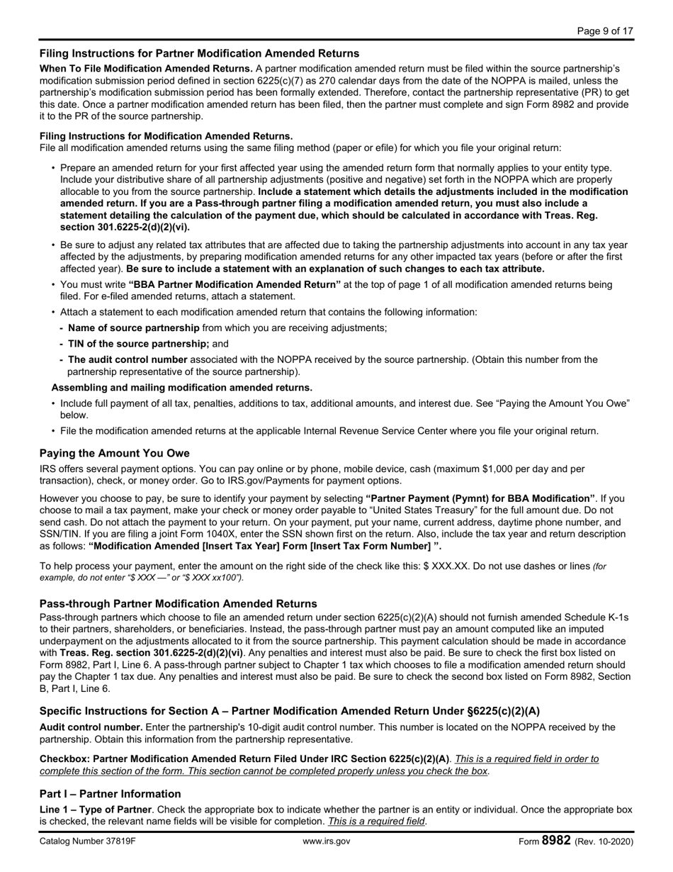IRS Form 8982 Affidavit for Partner Modification Amended Return Under IRC Section 6225(C)(2)(A) or Partner Alternative Procedure Under IRC Section 6225(C)(2)(B), Page 9