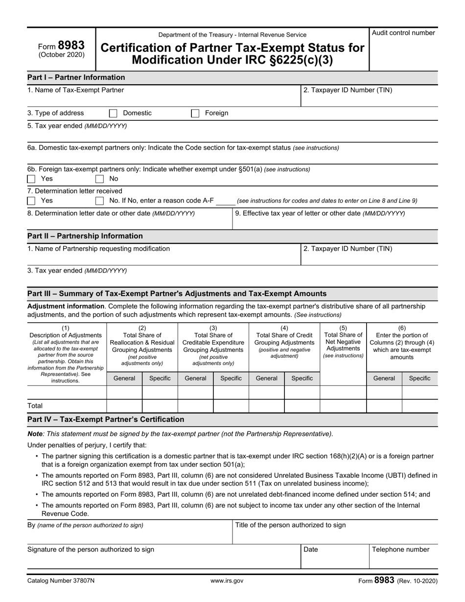 IRS Form 8983 Certification of Partner Tax-Exempt Status for Modification Under IRC Section 6225(C)(3), Page 1