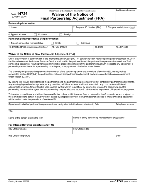 IRS Form 14726 Waiver of the Notice of Final Partnership Adjustment (Fpa)