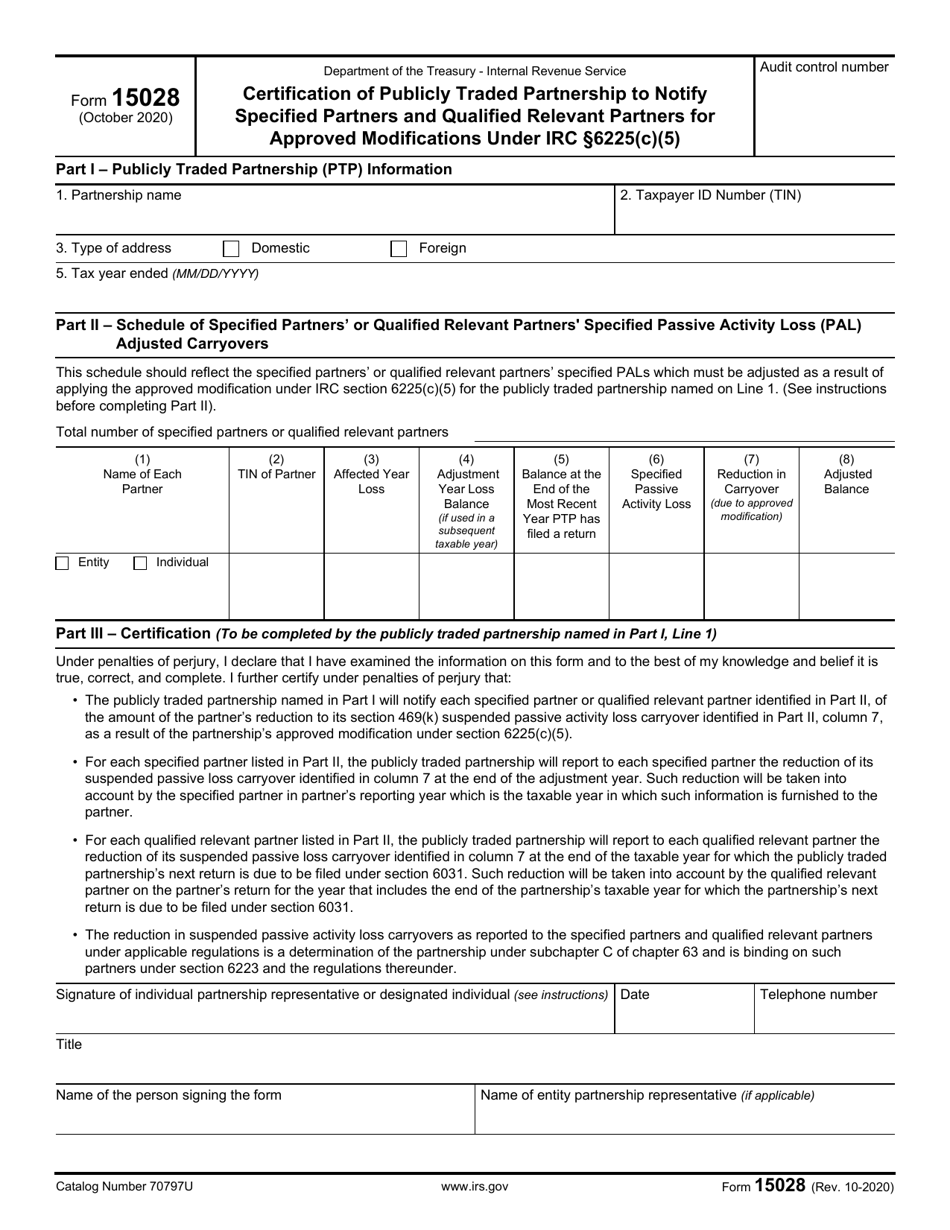 IRS Form 15028 Certification of Publicly Traded Partnership to Notify Specified Partners and Qualified Relevant Partners for Approved Modifications Under IRC Section 6225(C)(5), Page 1