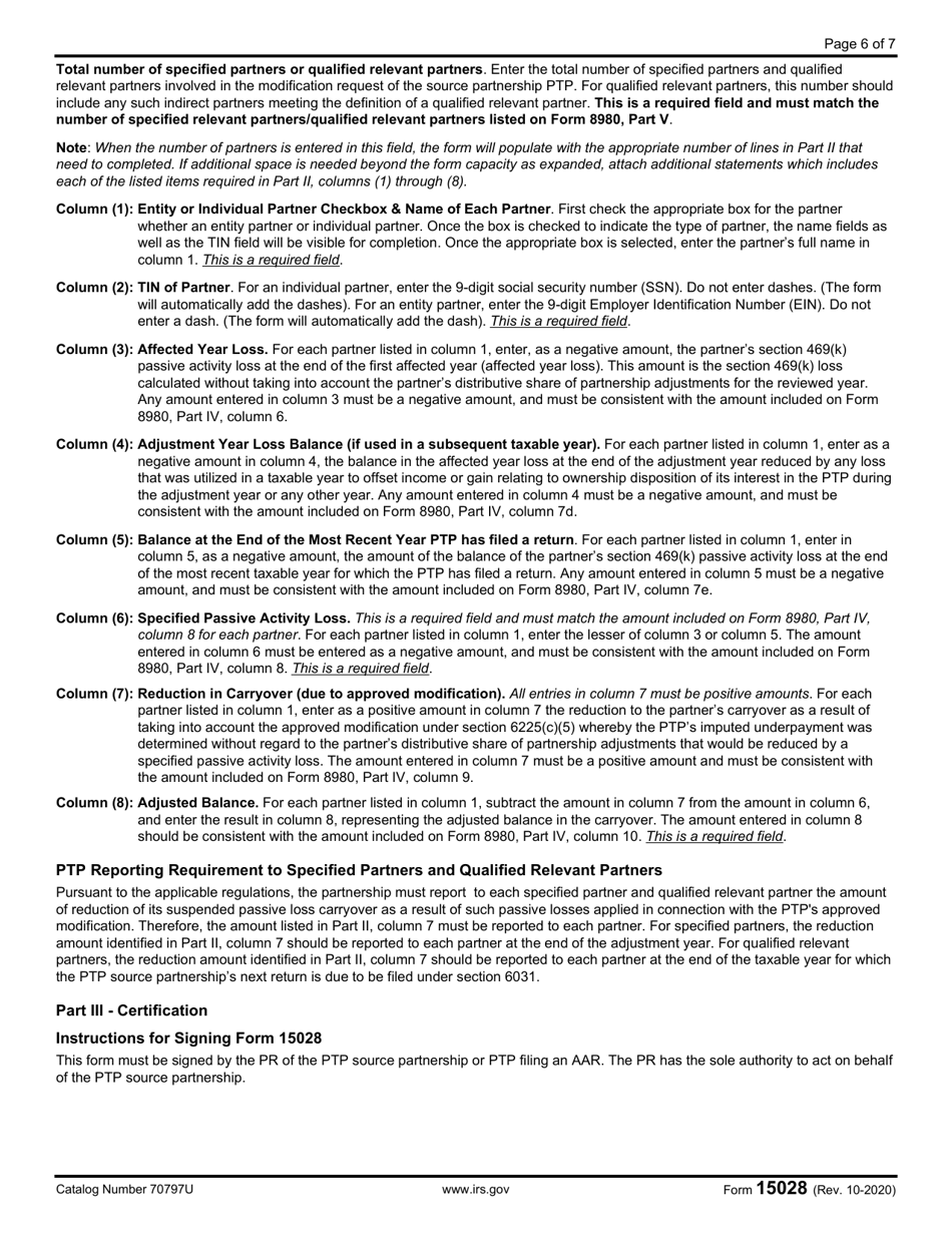 IRS Form 15028 Certification of Publicly Traded Partnership to Notify Specified Partners and Qualified Relevant Partners for Approved Modifications Under IRC Section 6225(C)(5), Page 6