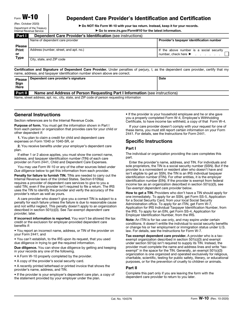 IRS Form W-10 Dependent Care Providers Identification and Certification, Page 1