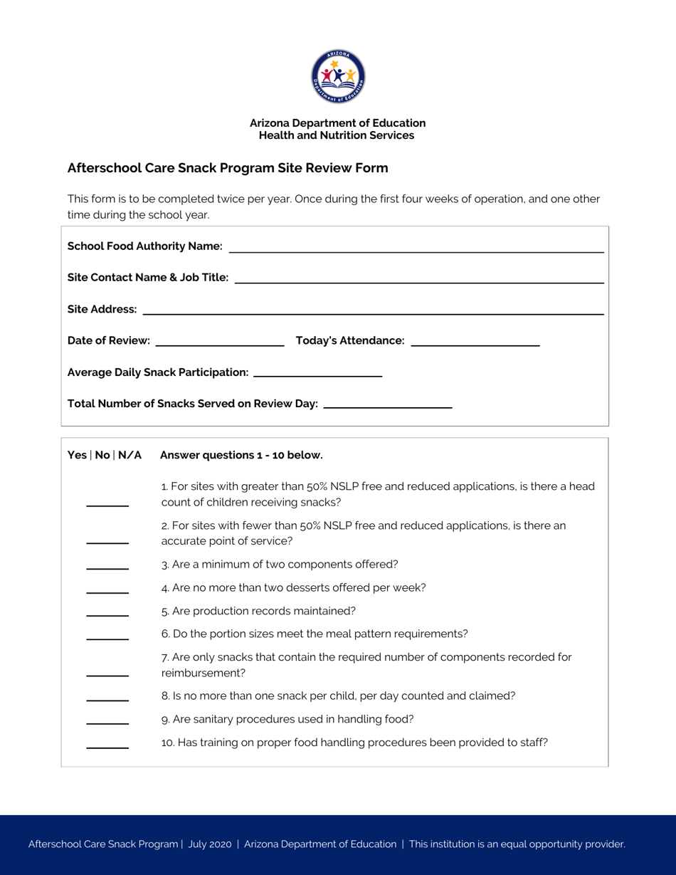 Afterschool Care Snack Program Site Review Form - Arizona, Page 1
