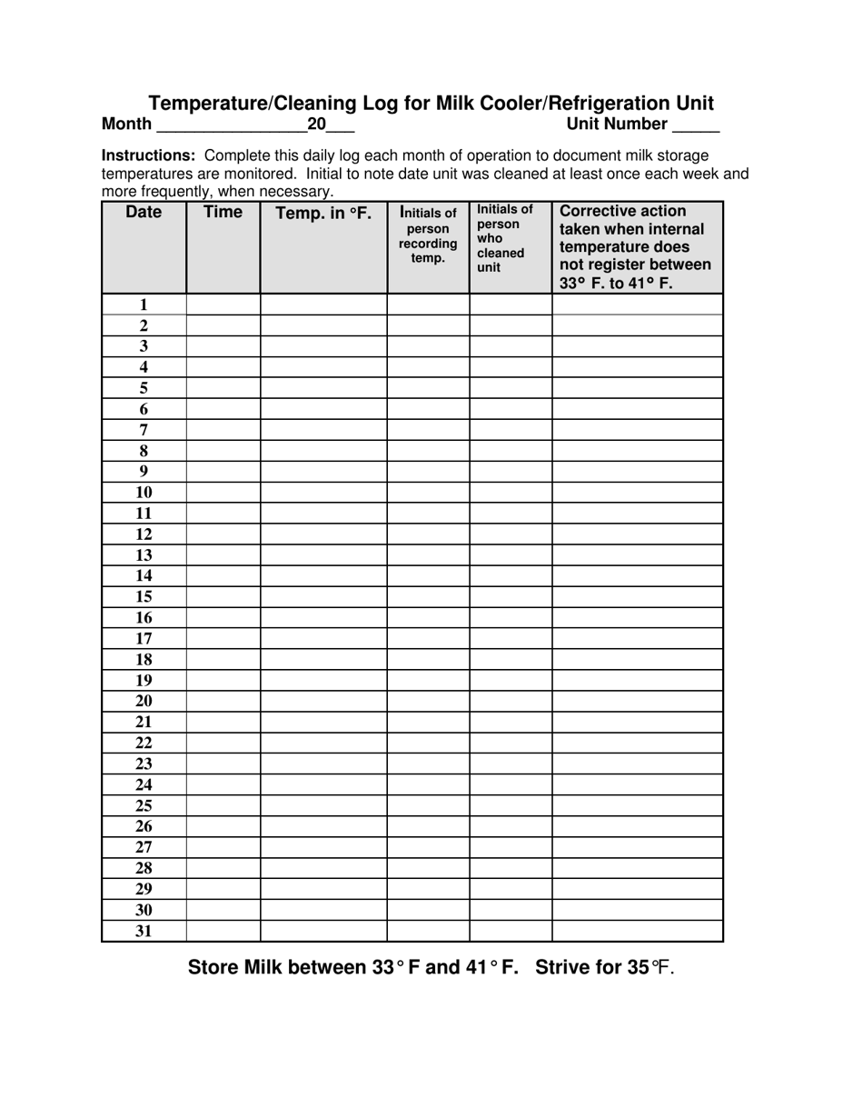 Temperature/Cleaning Log for Milk Cooler/Refrigeration Unit - Arizona, Page 1