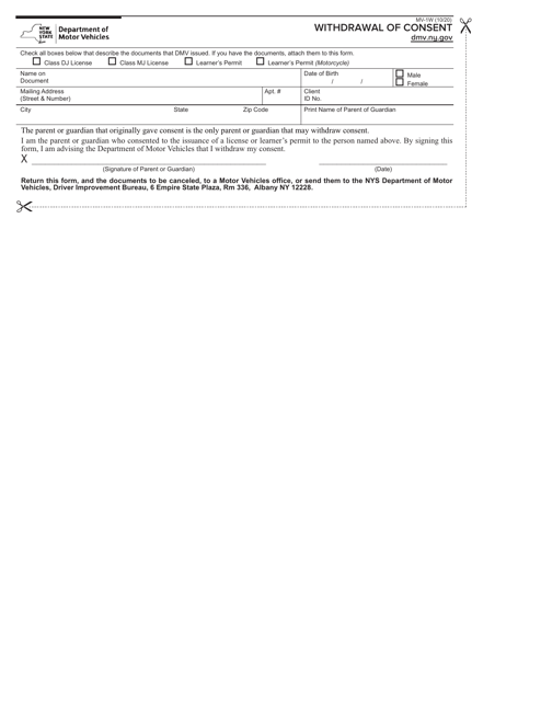 Form MV-1W Withdrawal of Consent - New York