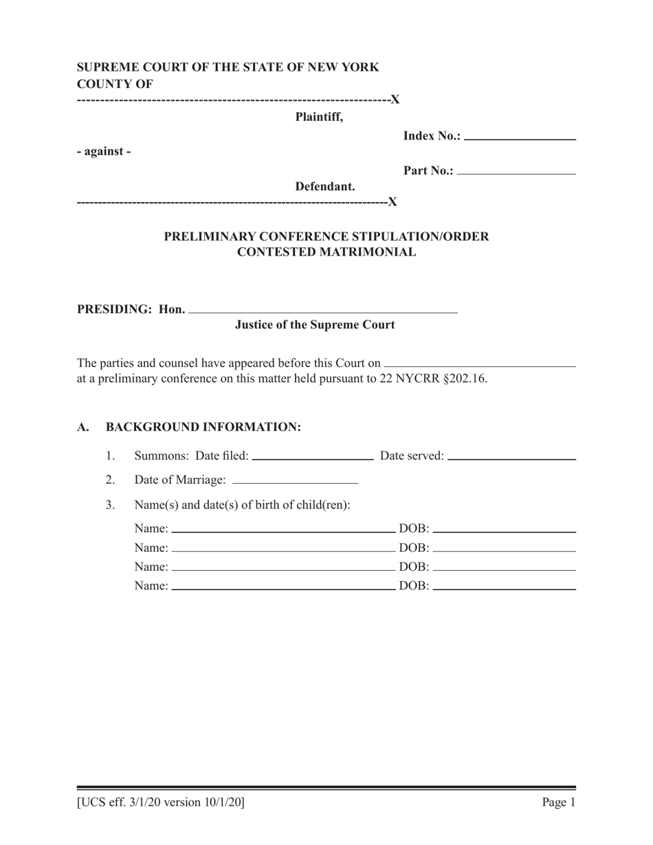 Preliminary Conference Stipulation / Order Contested Matrimonial - New York, Page 1