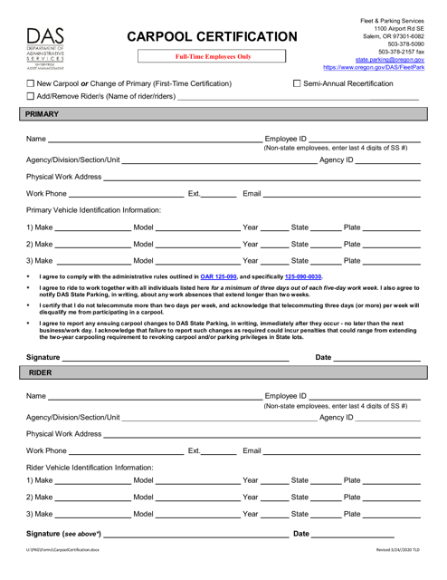 Carpool Certification - Oregon Download Pdf