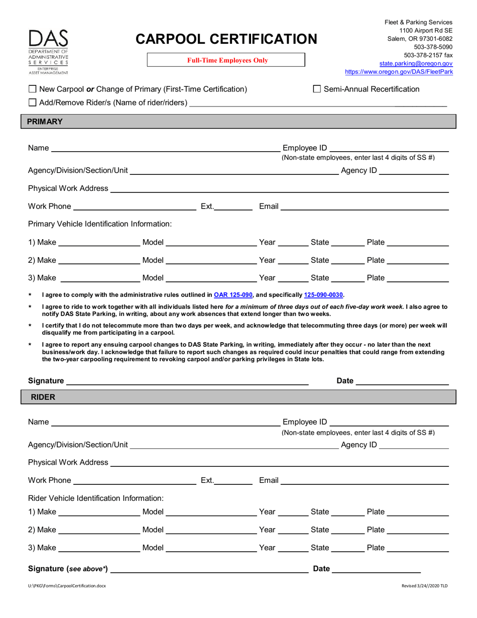 Carpool Certification - Oregon, Page 1