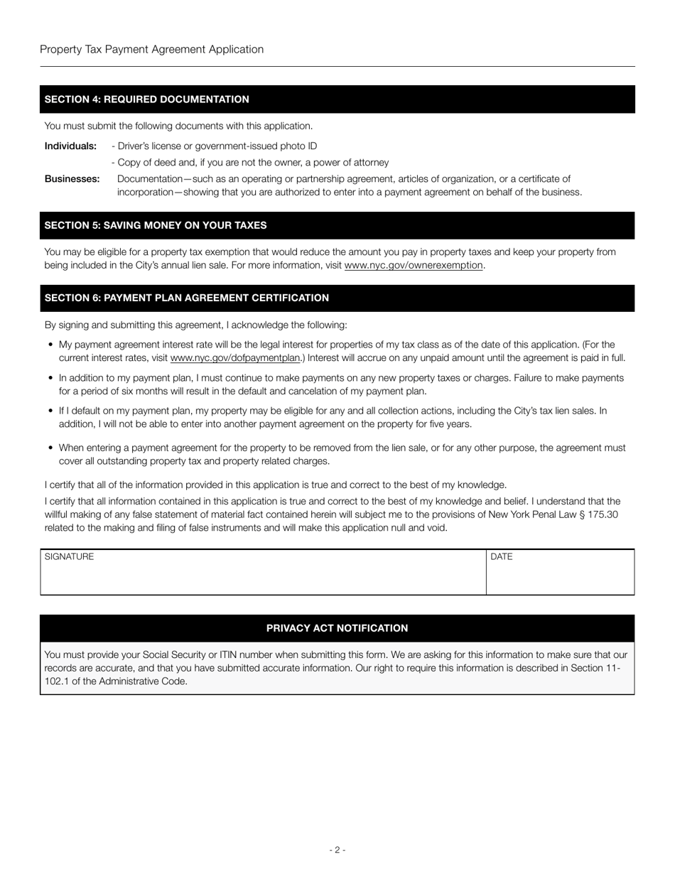 Property Tax Payment Agreement Application - New York City, Page 2