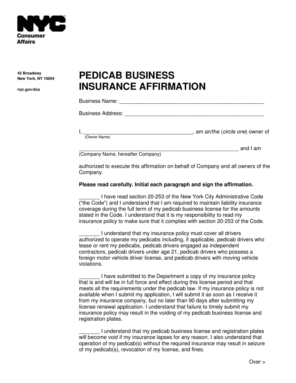 Pedicab Business Insurance Affirmation - New York City, Page 1