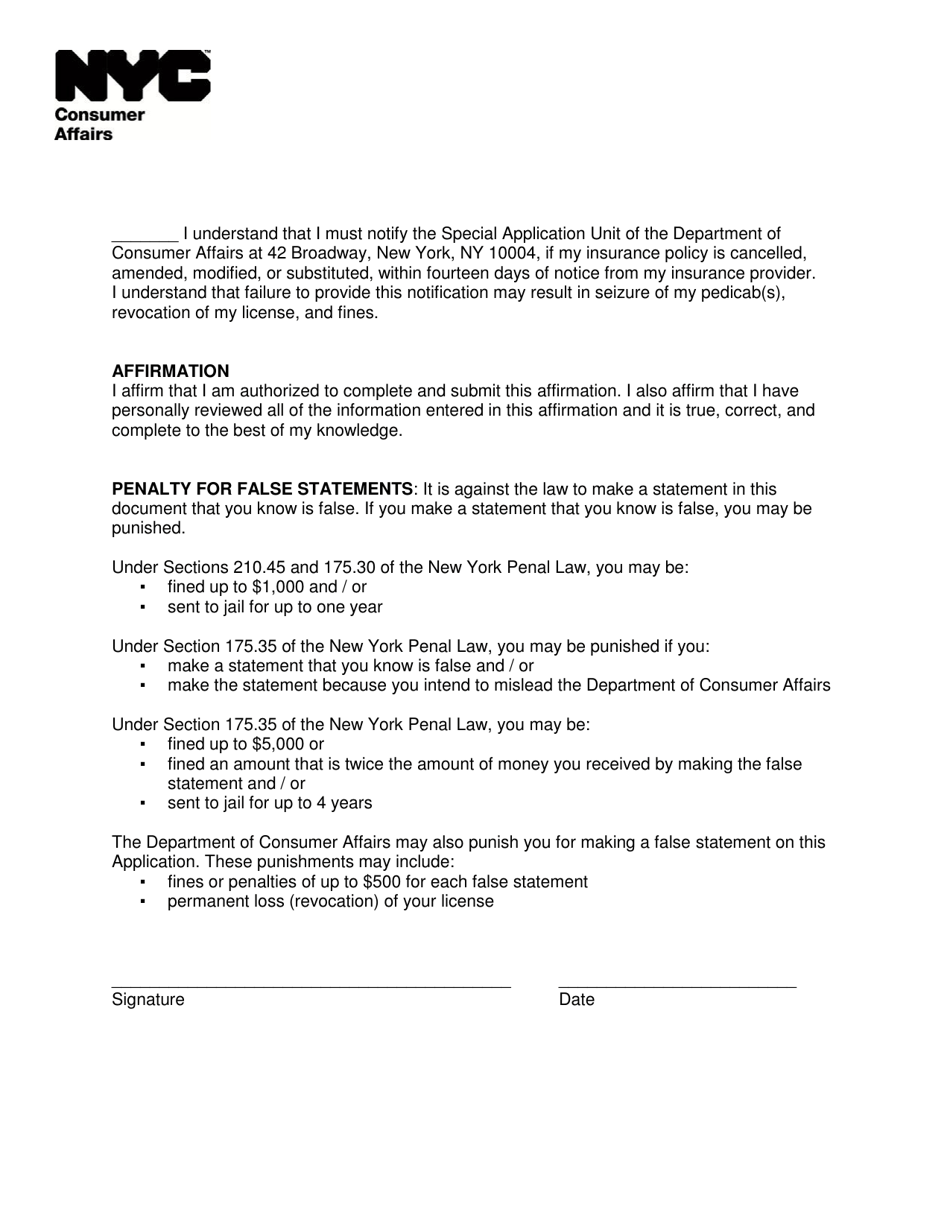 Pedicab Business Insurance Affirmation - New York City, Page 2