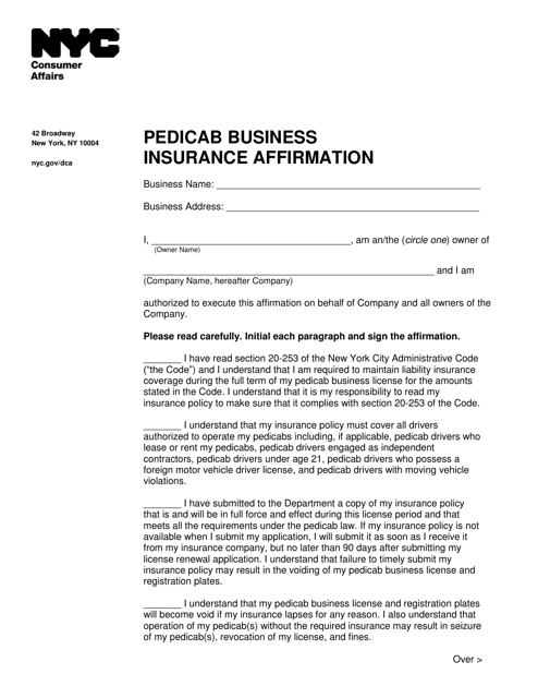 Pedicab Business Insurance Affirmation - New York City Download Pdf