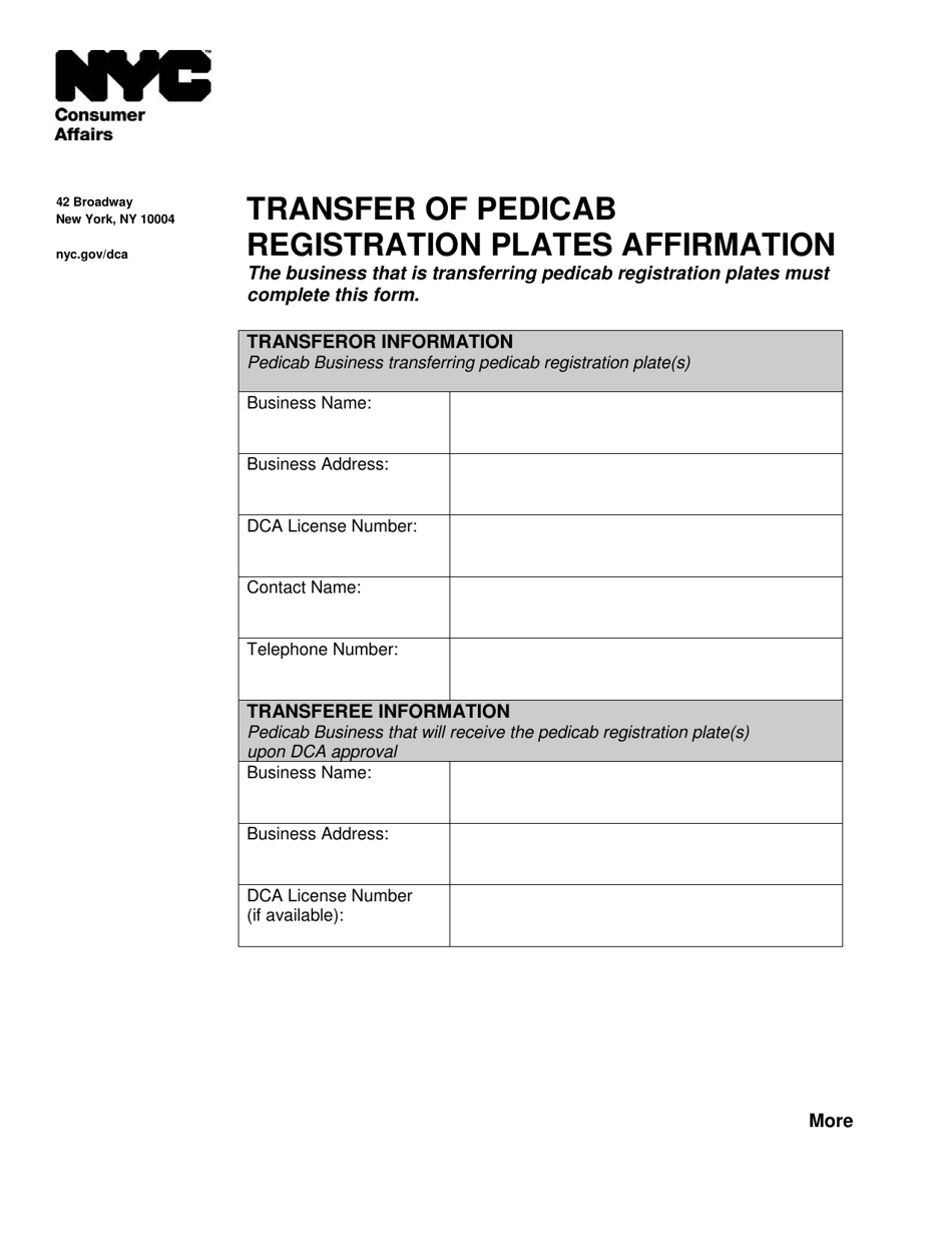 Transfer of Pedicab Registration Plates Affirmation - New York City, Page 1
