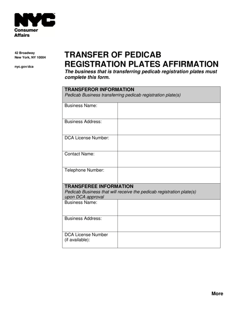 Transfer of Pedicab Registration Plates Affirmation - New York City Download Pdf