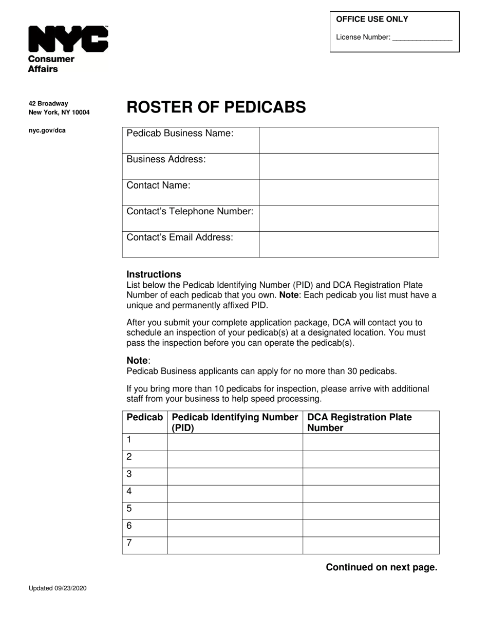 Roster of Pedicabs - New York City, Page 1