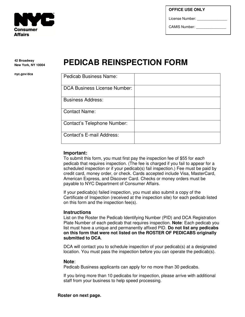 Pedicab Reinspection Form - New York City, Page 1