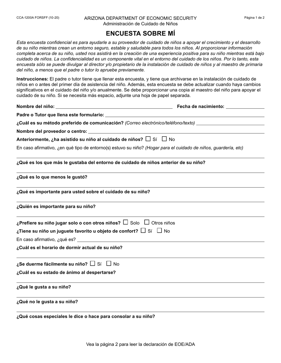 Formulario CCA-1200A-S Encuesta Sobre Mi - Arizona (Spanish), Page 1