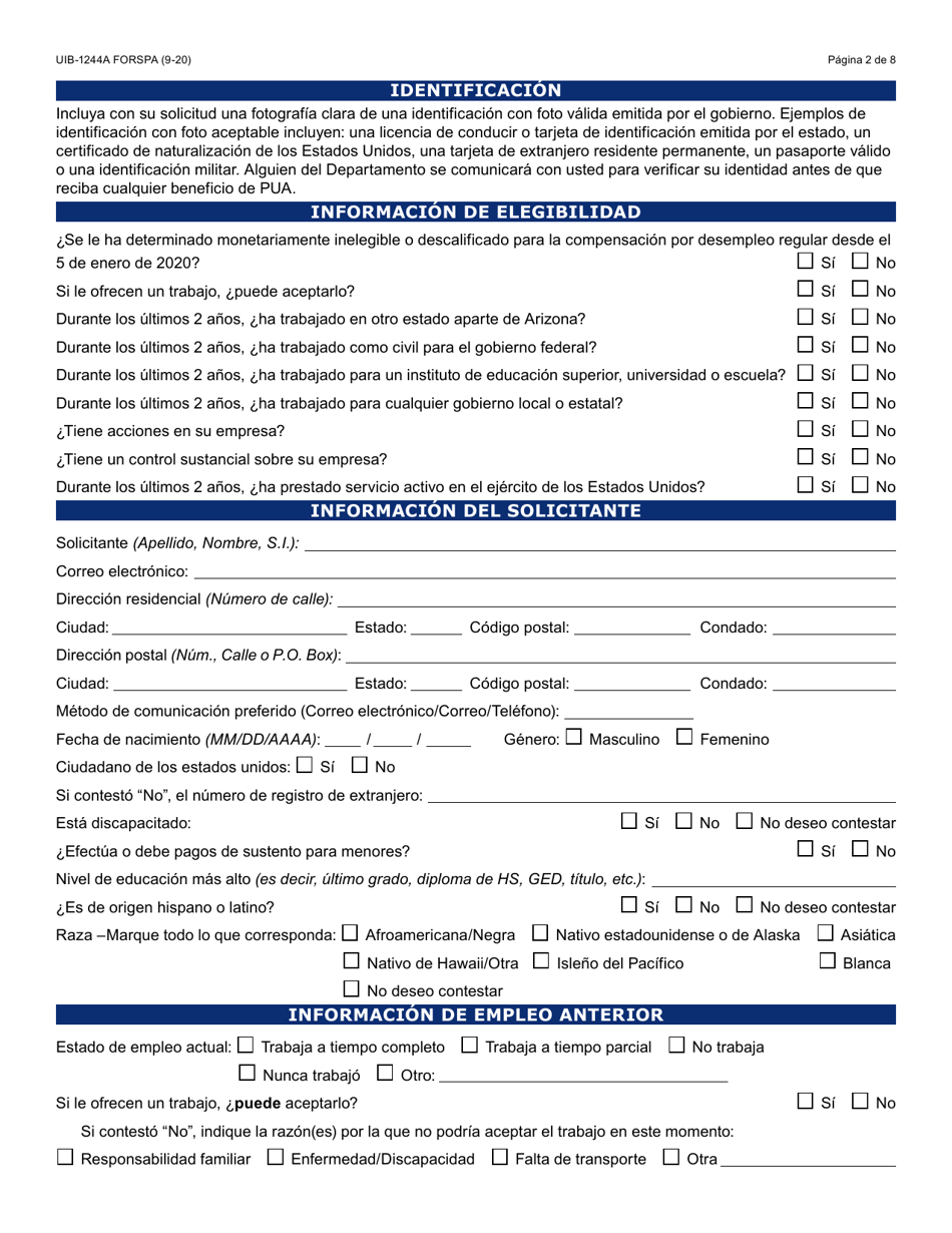 Formulario UIB-1244A-S Solicitud Inicial Para Asistencia De Desempleo Por La Pandemia - Arizona (Spanish), Page 2
