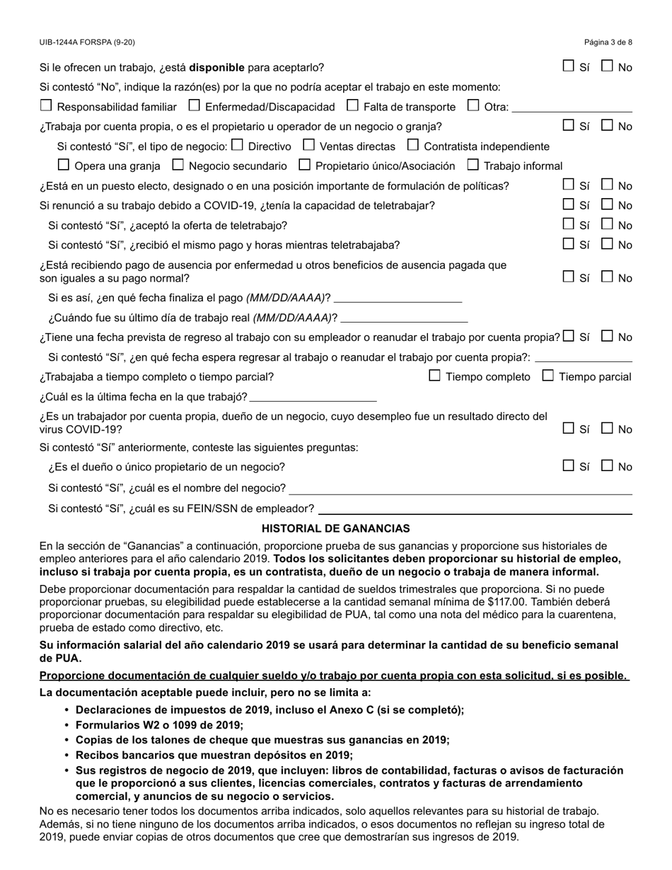 Formulario UIB-1244A-S Solicitud Inicial Para Asistencia De Desempleo Por La Pandemia - Arizona (Spanish), Page 3