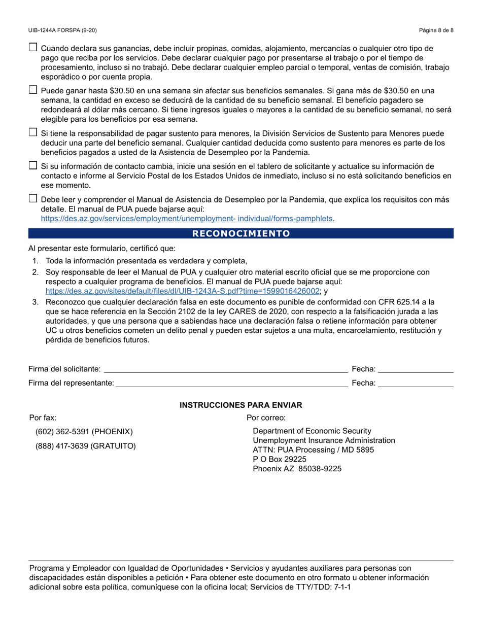 Formulario UIB-1244A-S Solicitud Inicial Para Asistencia De Desempleo Por La Pandemia - Arizona (Spanish), Page 8
