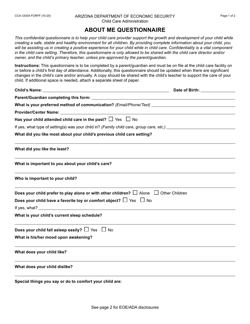 Form CCA-1200A About Me Questionnaire - Arizona, Page 1
