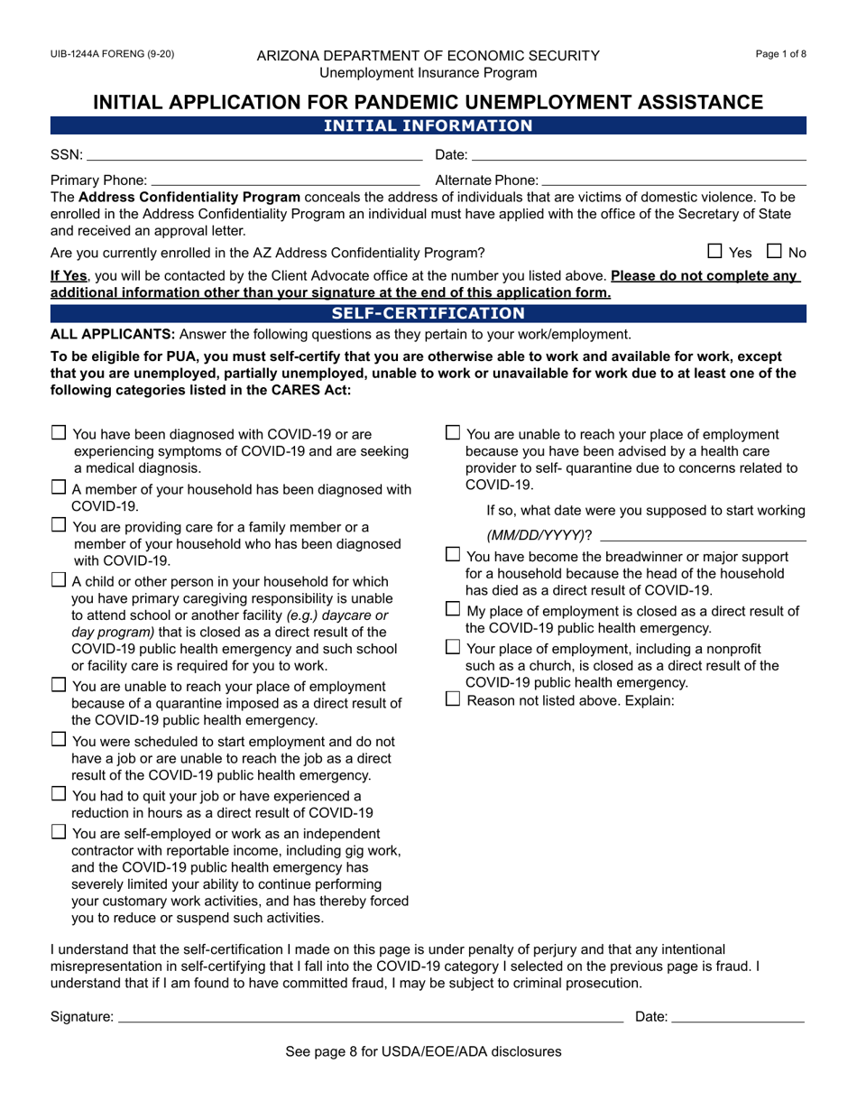 Form UIB-1244A Initial Application for Pandemic Unemployment Assistance - Arizona, Page 1