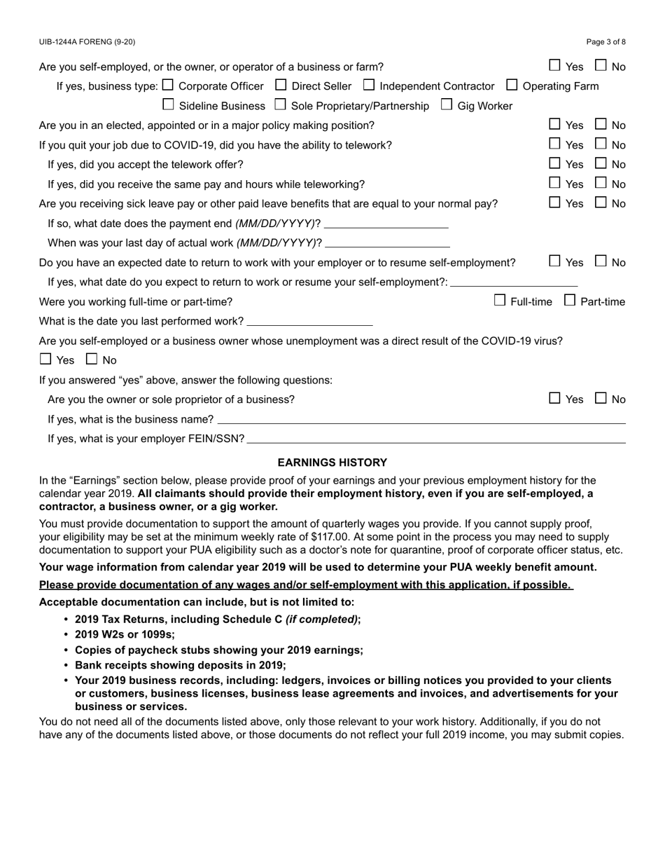Form UIB-1244A Initial Application for Pandemic Unemployment Assistance - Arizona, Page 3