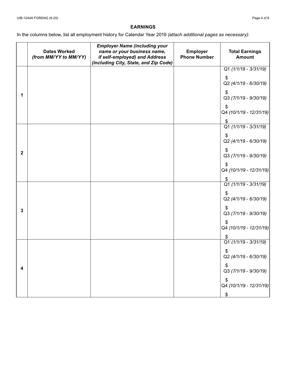 Form UIB-1244A Initial Application for Pandemic Unemployment Assistance - Arizona, Page 4