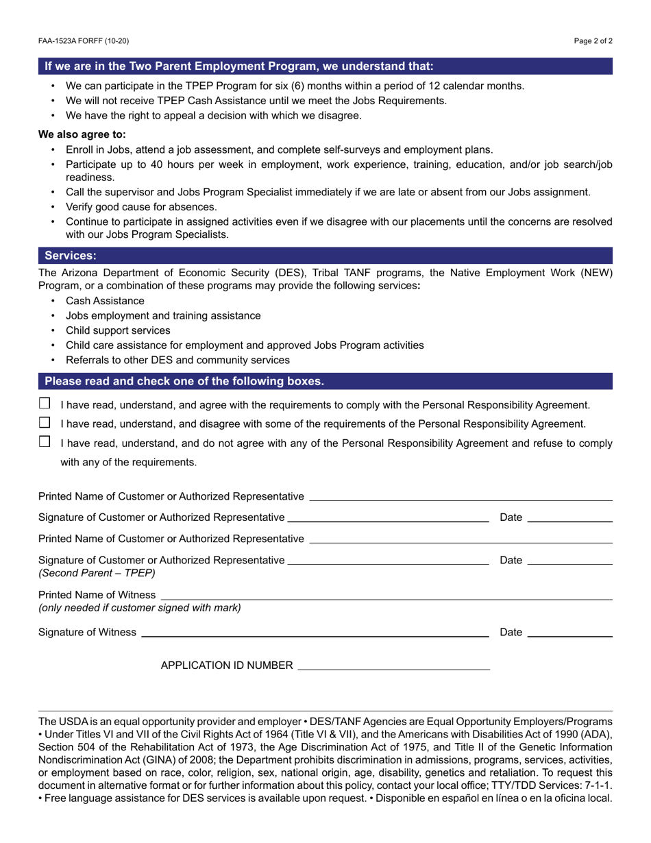 Form FAA-1523A Cash Programs Personal Responsibility Agreement (Pra) - Arizona, Page 2