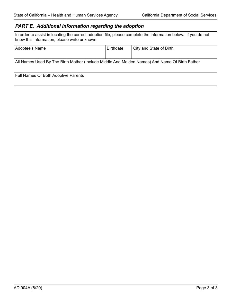 Form AD904A Waiver of Rights to Confidentiality for Siblings - California, Page 3