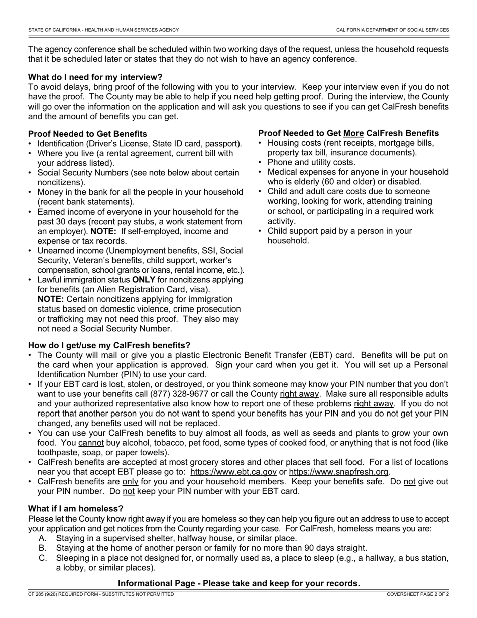 Form CF285 Application for CalFresh Benefits - California, Page 2