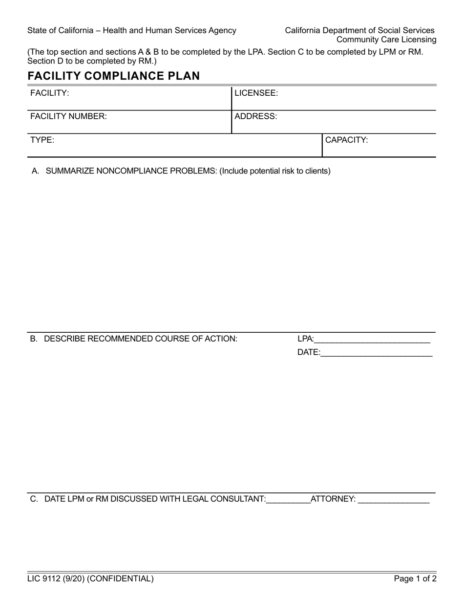 Form LIC9112 Facility Compliance Plan - California, Page 1