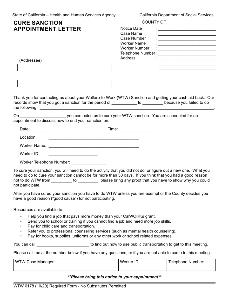 Form WTW6178 Cure Sanction Appointment Letter - California, Page 1