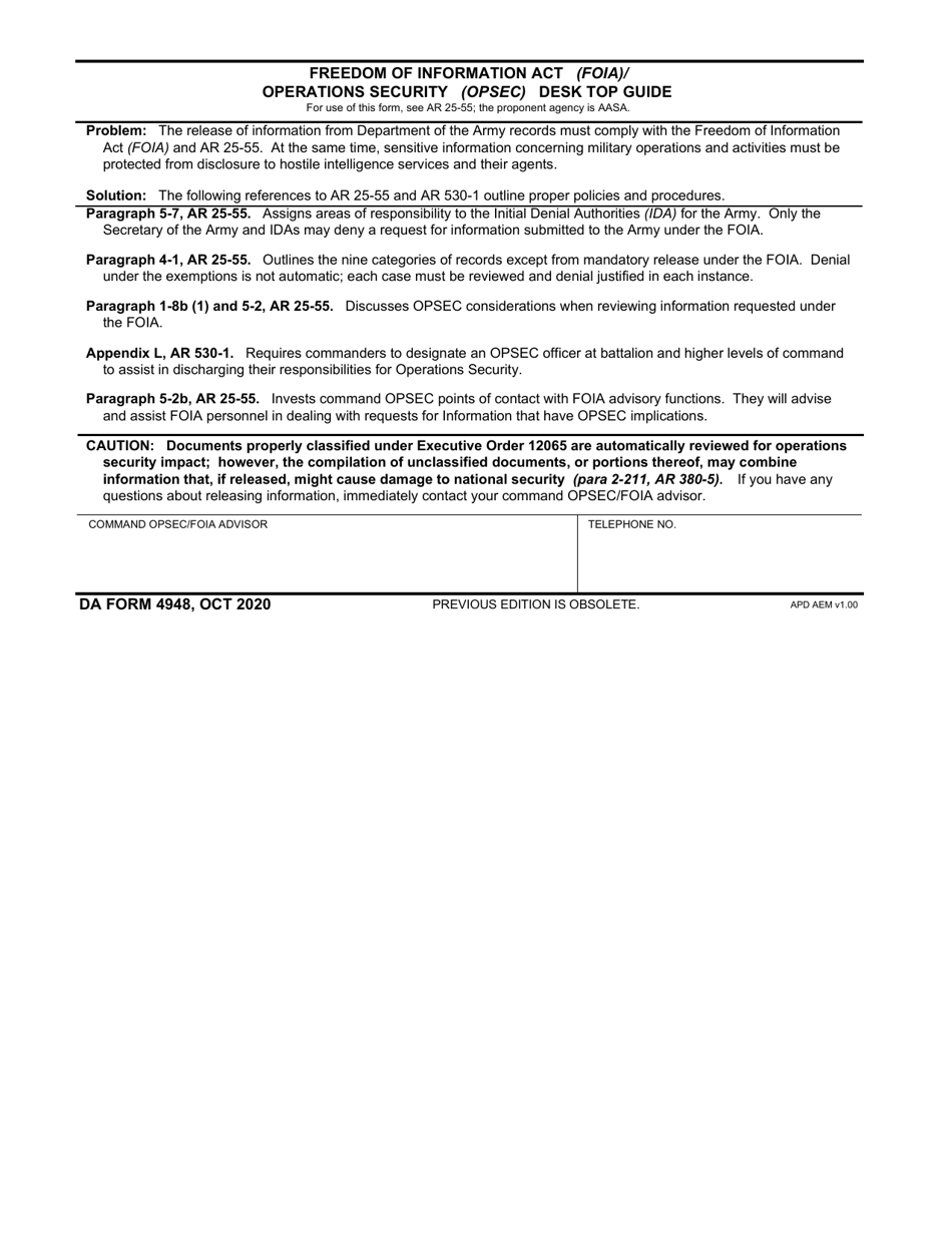 DA Form 4948 Freedom of Information Act (Foia) / Operations Security (Opsec) Desk Top Guide, Page 1